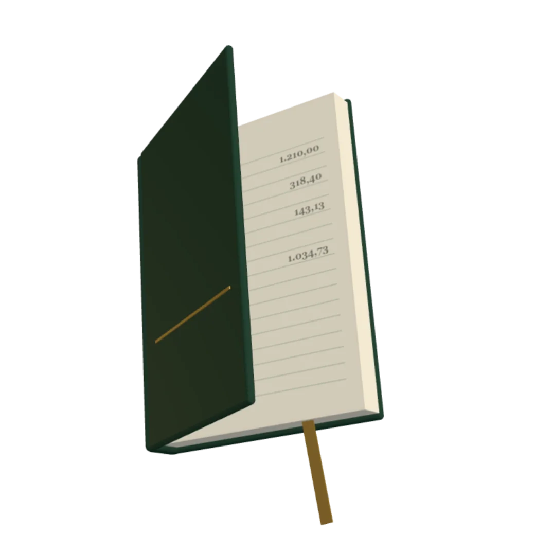 Un cuaderno de tapa verde con una cinta dorada, entreabierto