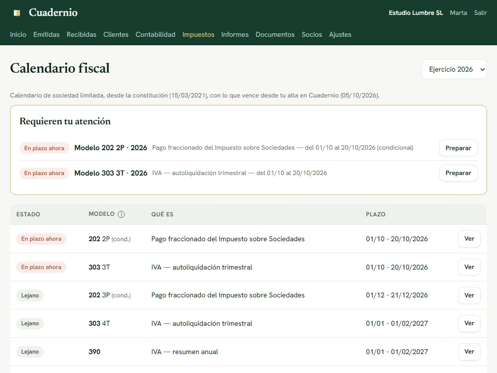 Calendario de impuestos de Cuadernio